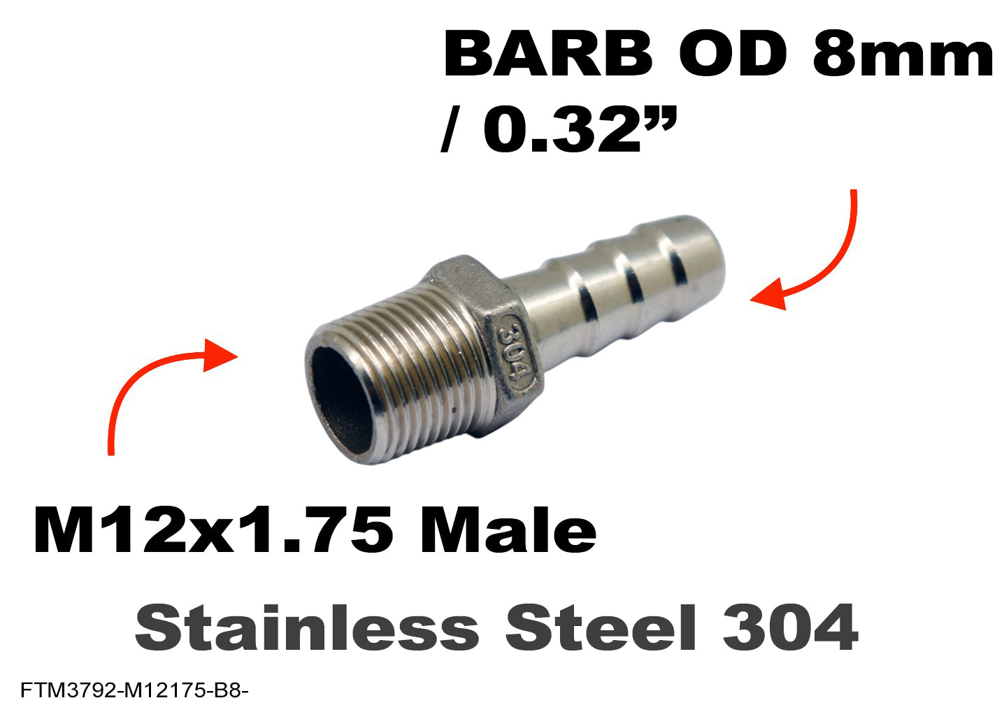 M12x1.75 Male to BARB OD 8mm / 0.32 inch Stainless Tail Adaptor Hose Connector