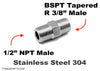 1/2 inch NPT MALE to BSPT Tapered R 3/8 inch MALE Stainless Sensor Adaptor Fittings