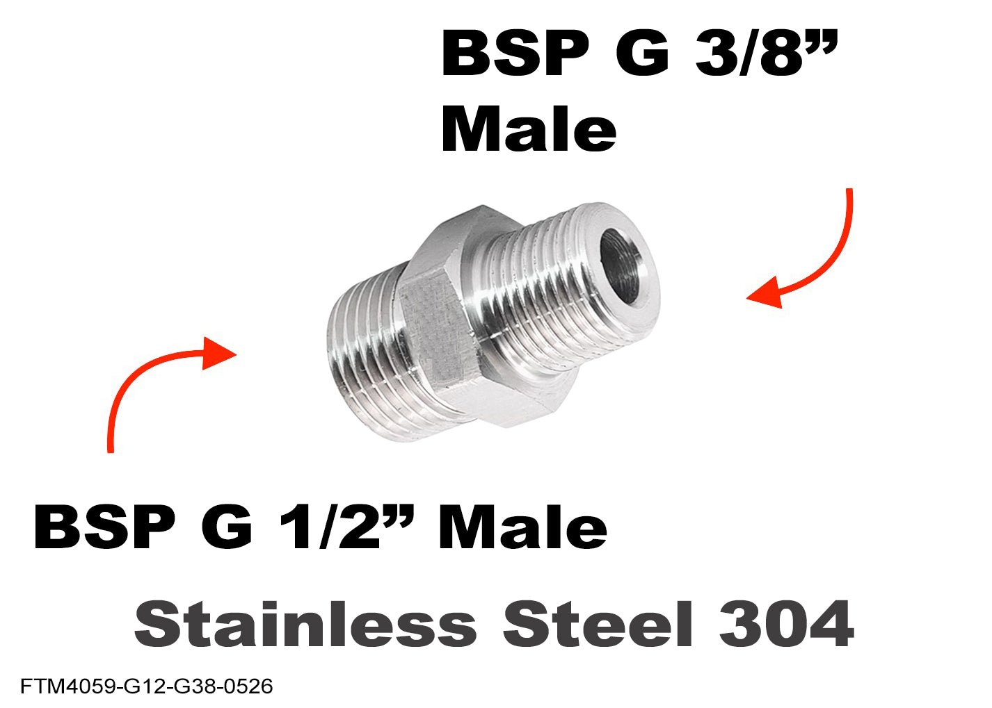 BSP G 1/2 inch Male to BSP G 3/8 inch Male Stainless Sensor Adaptor Fittings Conversion
