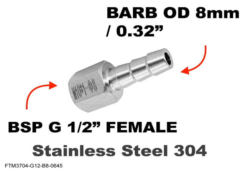 BSP G 1/2 inch FEMALE to BARB OD 8mm / 0.32 inch Stainless Tail Adaptor Hose Connector