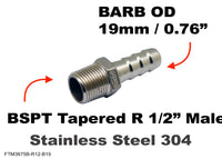 BSPT Tapered R 1/2 inch Male to BARB OD 19mm / 0.76 inch Stainless Tail Adaptor Hose