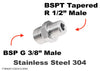 BSP G 3/8 inch Male to BSPT Tapered R 1/2 inch Male Stainless Sensor Adaptor Fittings