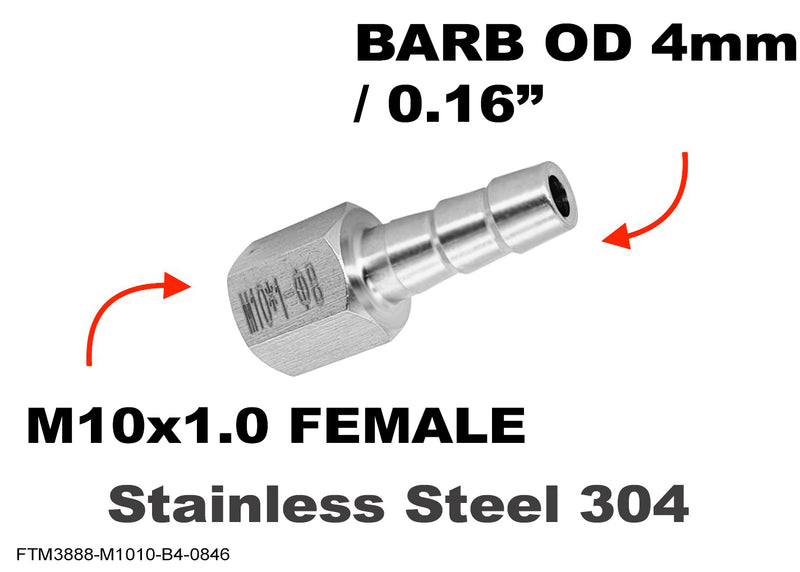 M10x1.0 FEMALE to BARB OD 4mm / 0.16 inch Stainless Tail Adaptor Hose Connector