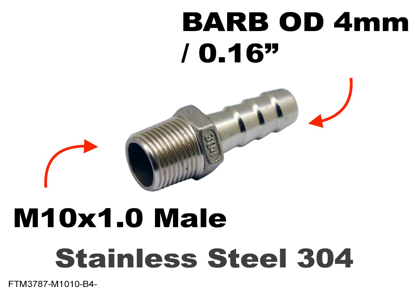 M10x1.0 Male to BARB OD 4mm / 0.16 inch Stainless Tail Adaptor Hose Connector