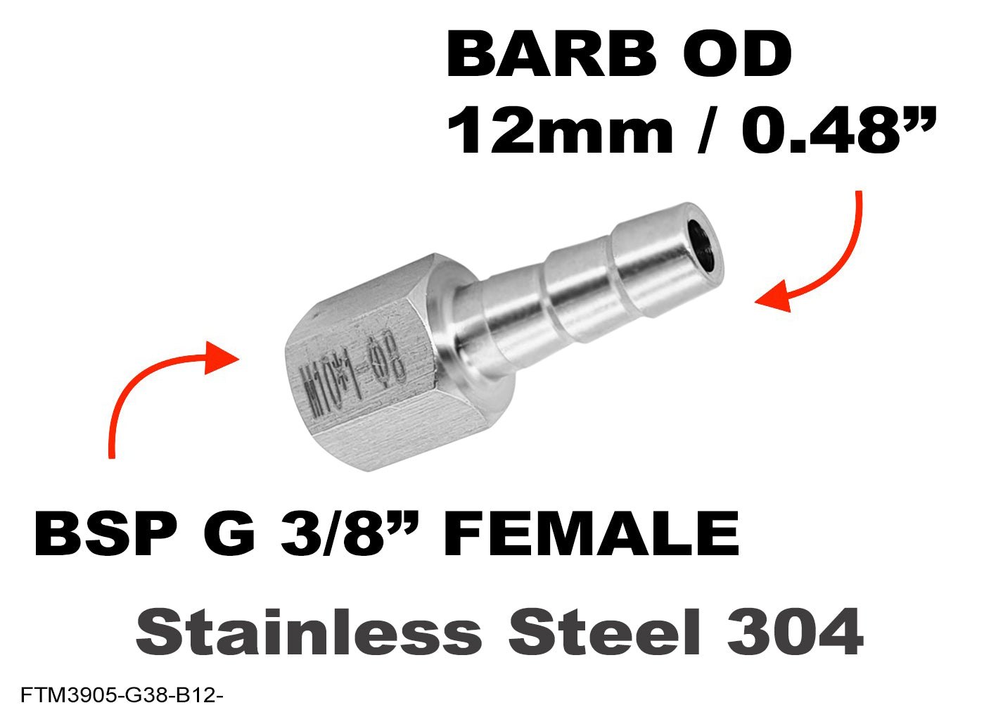BSP G 3/8 inch FEMALE to BARB OD 12mm / 0.48 inch Stainless Tail Adaptor Hose Connector