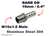 M10x1.5 Male to BARB OD 10mm / 0.4 inch Stainless Tail Adaptor Hose Connector