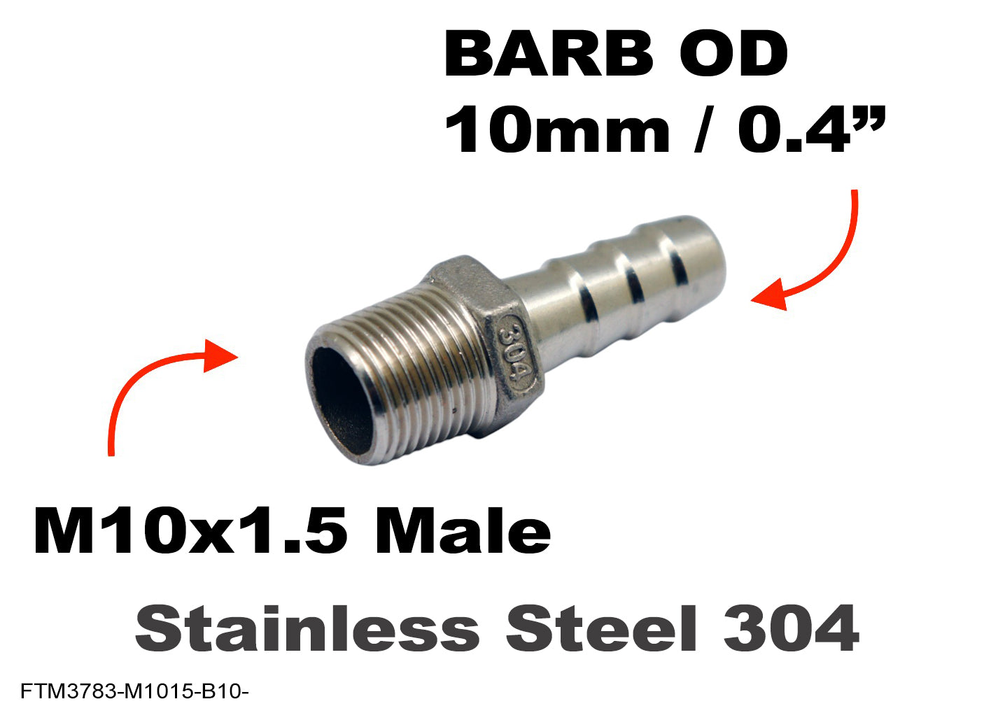 M10x1.5 Male to BARB OD 10mm / 0.4 inch Stainless Tail Adaptor Hose Connector