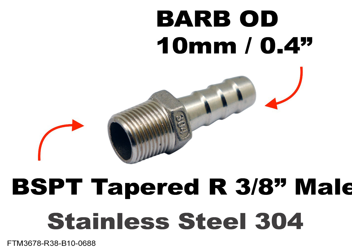 BSPT Tapered R 3/8 inch Male to BARB OD 10mm / 0.4 inch Stainless Tail Adaptor Hose