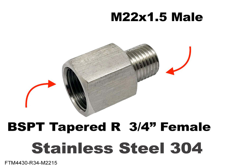 BSPT R  3/4 inch FEMALE to M22x1.5 MALE Stainless Sensor Adaptor Fittings Conversion