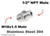 M18x1.5 Male to 1/2 inch NPT Male Stainless Sensor Adaptor Fittings Conversion