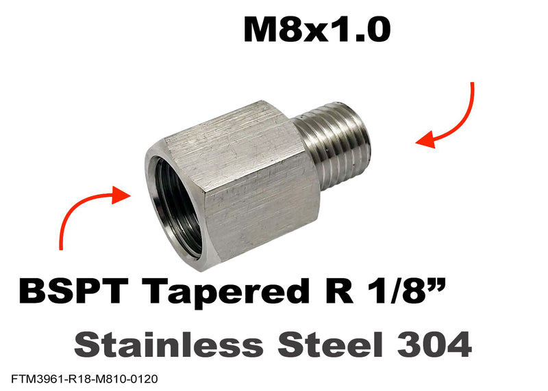 BSPT Tapered R 1/8 inch Female to M8x1.0 Male Stainless Sensor Adaptor Fittings