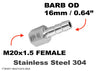 M20x1.5 FEMALE to BARB OD 16mm / 0.64 inch Stainless Tail Adaptor Hose Connector