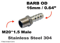 M20*1.5 MALE to BARB OD 16mm / 0.64 inch  Stainless Tail Adaptor Hose