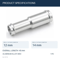 MC Motoparts 12mm to 14mm OD aluminum hose joiner reducer coupler adapter, 45mm straight connector specifications