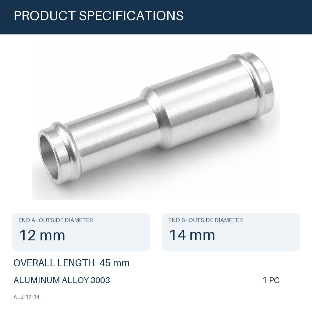 MC Motoparts 12mm to 14mm OD aluminum hose joiner reducer coupler adapter, 45mm straight connector specifications