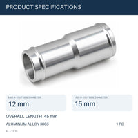 MC Motoparts 12mm to 15mm OD aluminum hose joiner reducer coupler adapter, 45mm straight connector specs