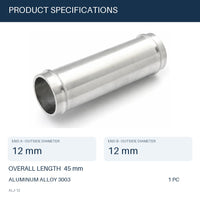MC Motoparts 12mm OD aluminum hose joiner coupler adapter, 45mm straight connector (ALJ-12) specs image