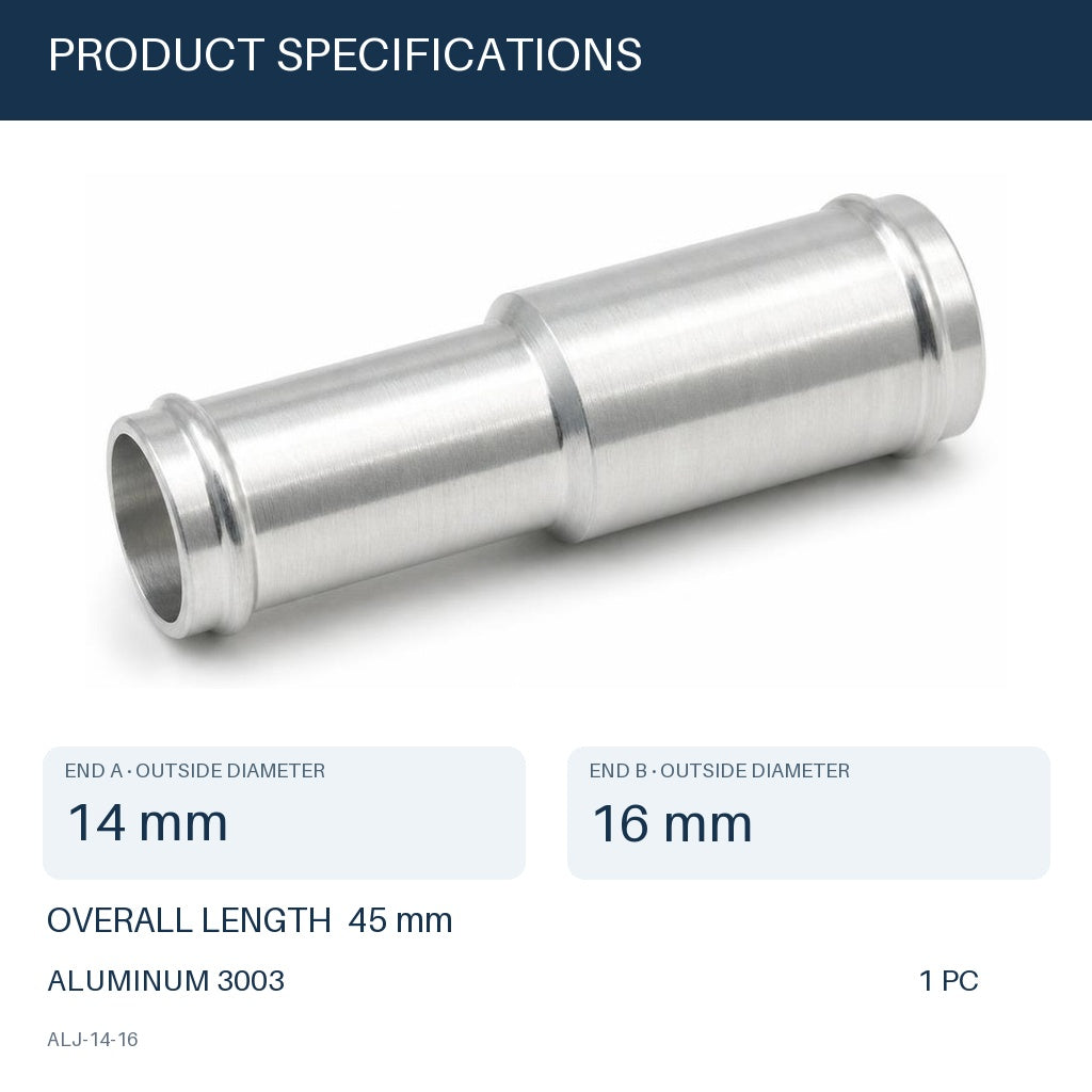 MC Motoparts 14mm to 16mm OD aluminum hose joiner reducer coupler adapter, 45mm straight connector specifications
