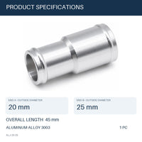 MC Motoparts 20mm to 25mm OD aluminum hose joiner reducer coupler adapter, 45mm straight connector specs