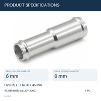 MC Motoparts 6mm to 8mm OD aluminum hose joiner reducer coupler adapter, 45mm straight connector specs