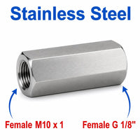 Stainless steel M10x1 female to BSP G 1/8 inch female sensor adaptor fitting for conversion, from MC Motoparts.