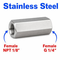Stainless steel 1/8 inch NPT female to BSP G 1/4 inch female sensor adaptor fitting for hydraulic or pneumatic connections.