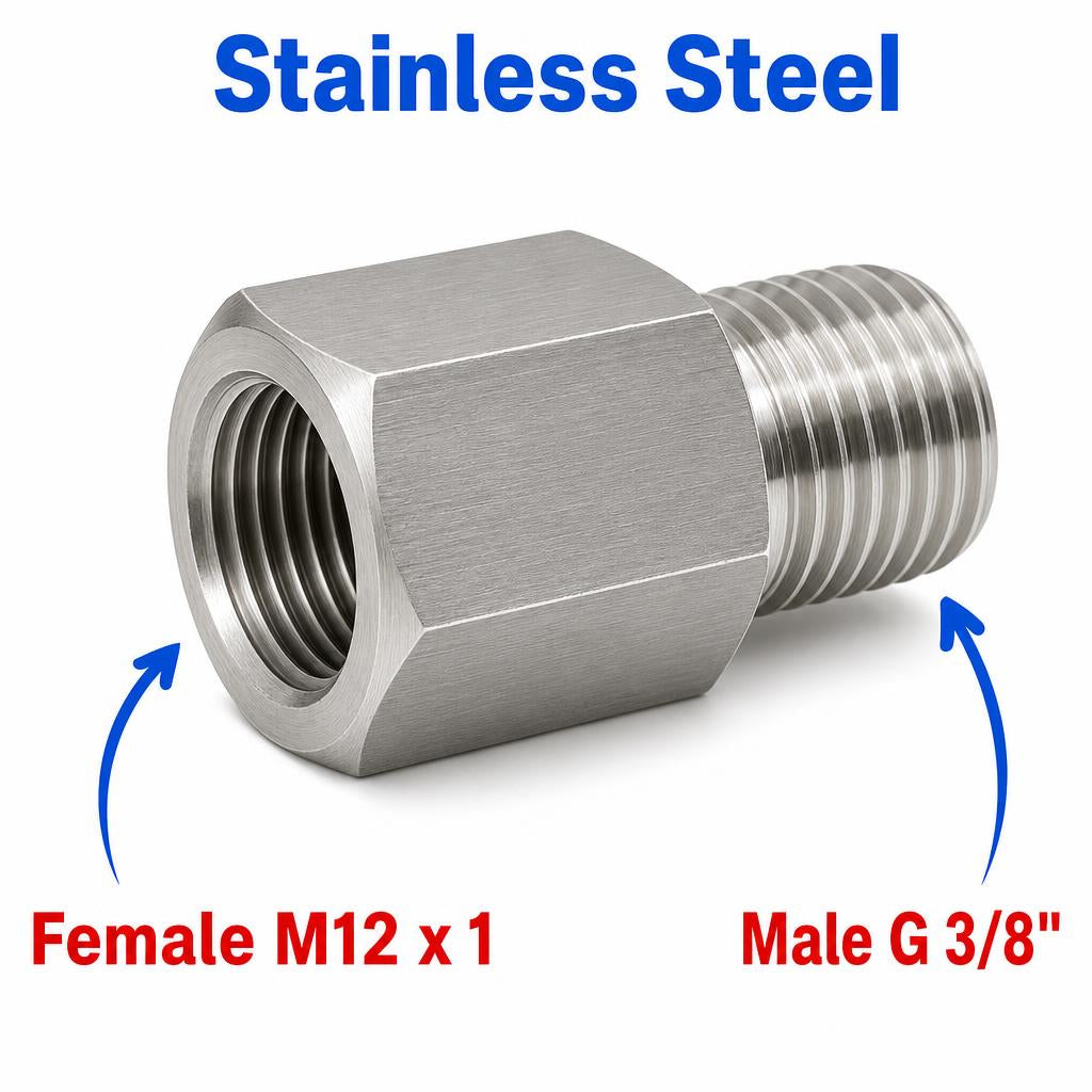 M12x1 Female to BSP G 3/8 inch Male Stainless Steel 304 Sensor Adaptor Fittings Conversion