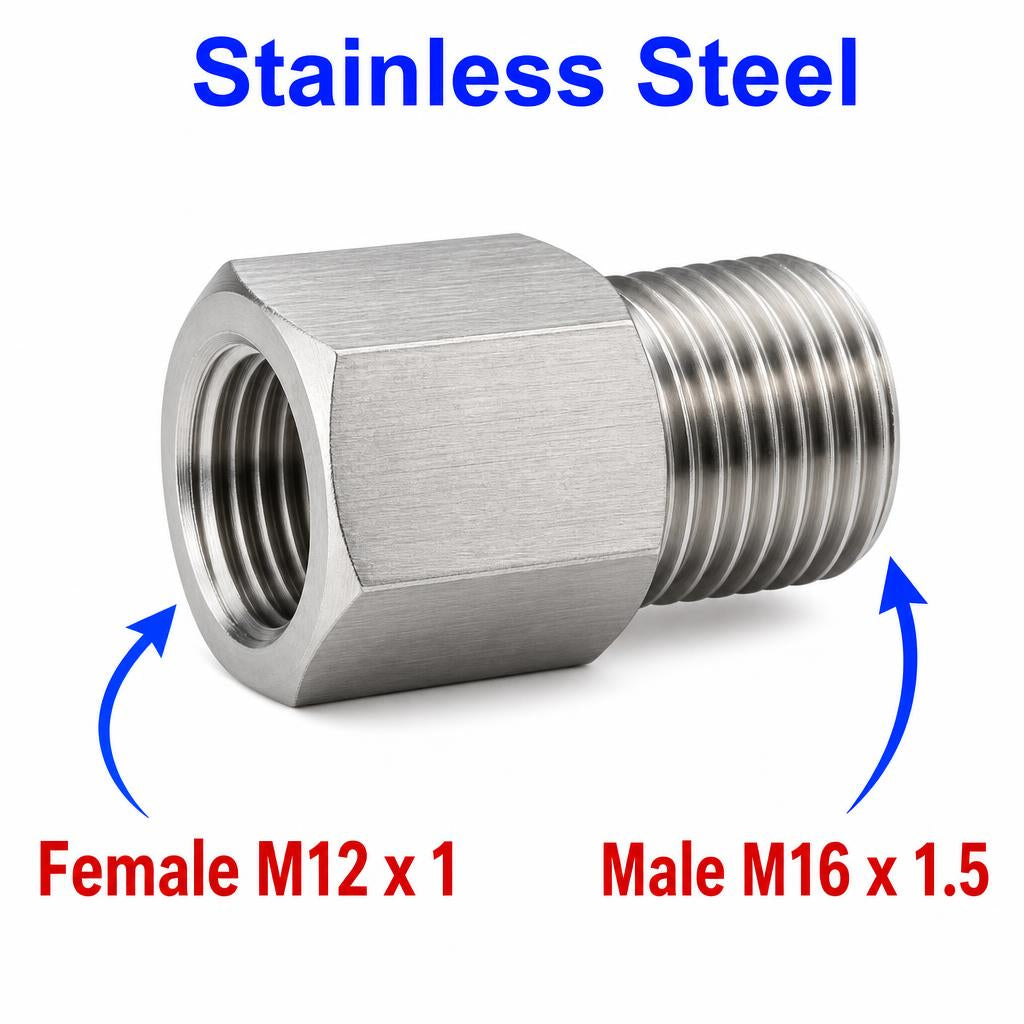 Stainless steel M12x1 female to M16x1.5 male sensor adaptor fitting for conversion by MC Motoparts, part APS0044.