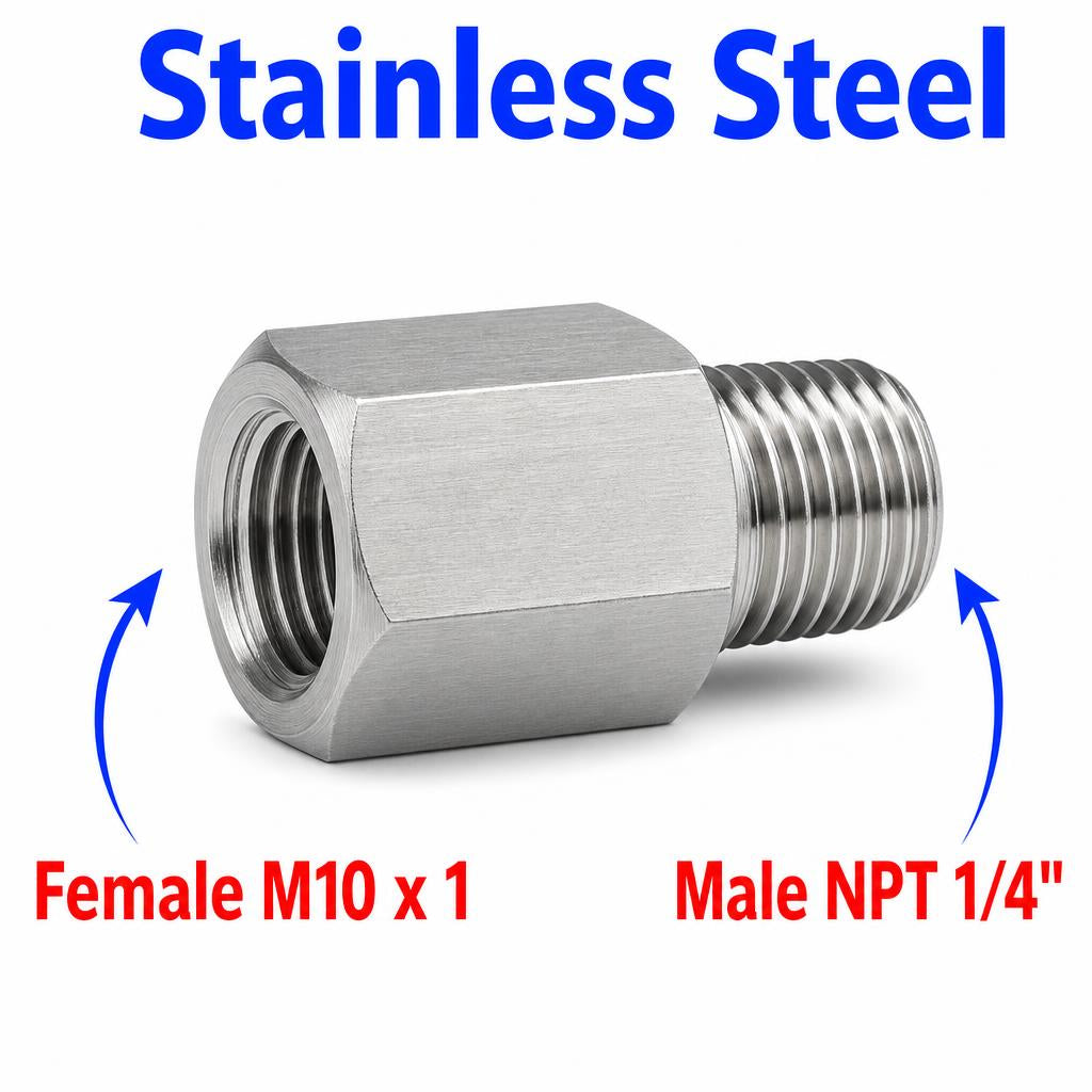 M10x1 Female to 1/4 inch NPT Male Stainless Steel 304 Sensor Adaptor Fittings Conversion