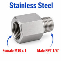 M10x1 Female to 1/8 inch NPT Male Stainless Steel 304 Sensor Adaptor Fittings Conversion