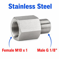 Stainless steel M10x1 female to BSP G 1/8 inch male sensor adaptor fitting from MC Motoparts, used for fluid conversion.