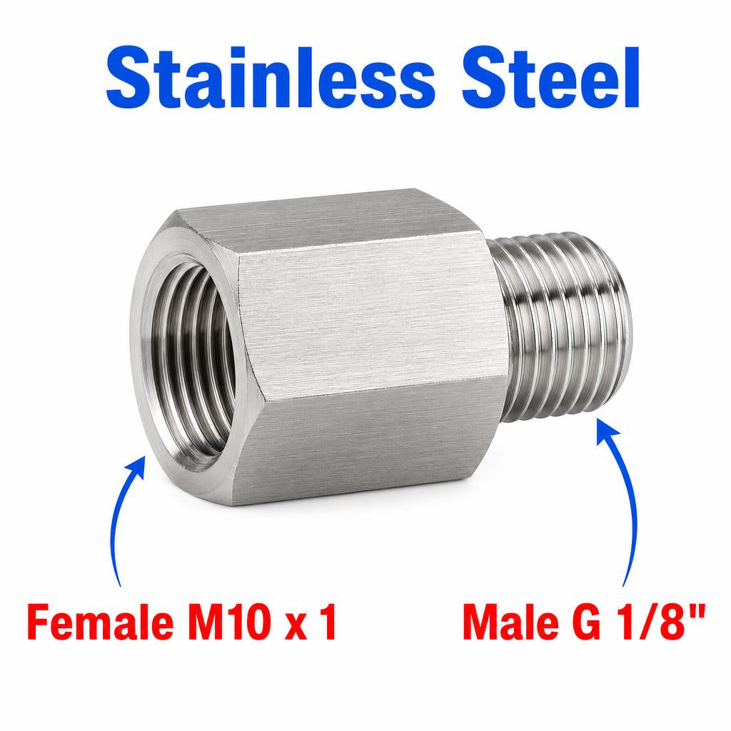 Stainless steel M10x1 female to BSP G 1/8 inch male sensor adaptor fitting from MC Motoparts, used for fluid conversion.