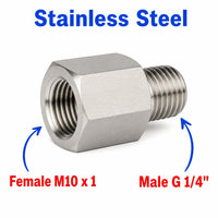 Stainless steel M10x1 female to BSP G 1/4 inch male sensor adaptor fitting for conversions, by MC Motoparts.