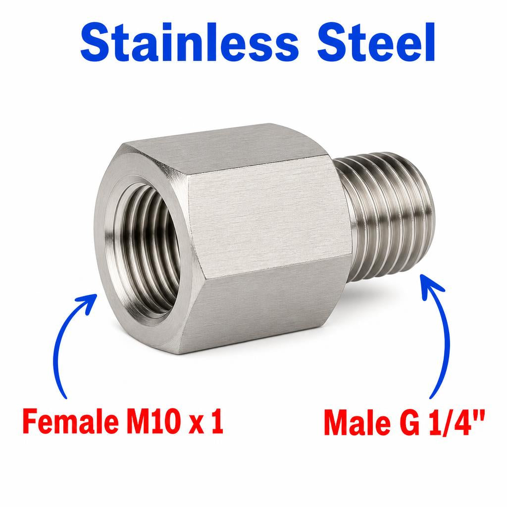 Stainless steel M10x1 female to BSP G 1/4 inch male sensor adaptor fitting for conversions, by MC Motoparts.