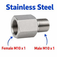 Stainless steel M10x1 female to M10x1 male sensor adaptor fitting for conversion, by MC Motoparts.