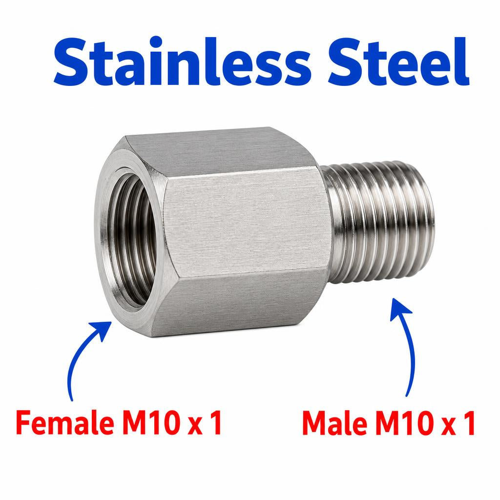 Stainless steel M10x1 female to M10x1 male sensor adaptor fitting for conversion, by MC Motoparts.