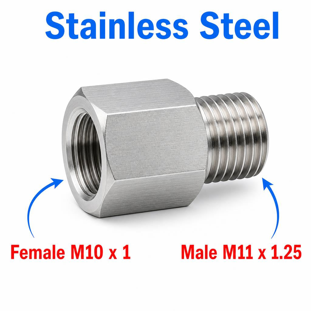 Stainless steel M10x1 female to M11x1.25 male sensor adaptor fitting for automotive conversions, by MC Motoparts.