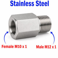 Stainless steel M10x1 female to M12x1 male sensor adaptor fitting for conversion, MC Motoparts APS adaptor fittings.