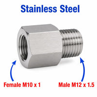 Stainless steel M10x1 female to M12x1.5 male sensor adapter fitting for motorcycle conversion by MC Motoparts.