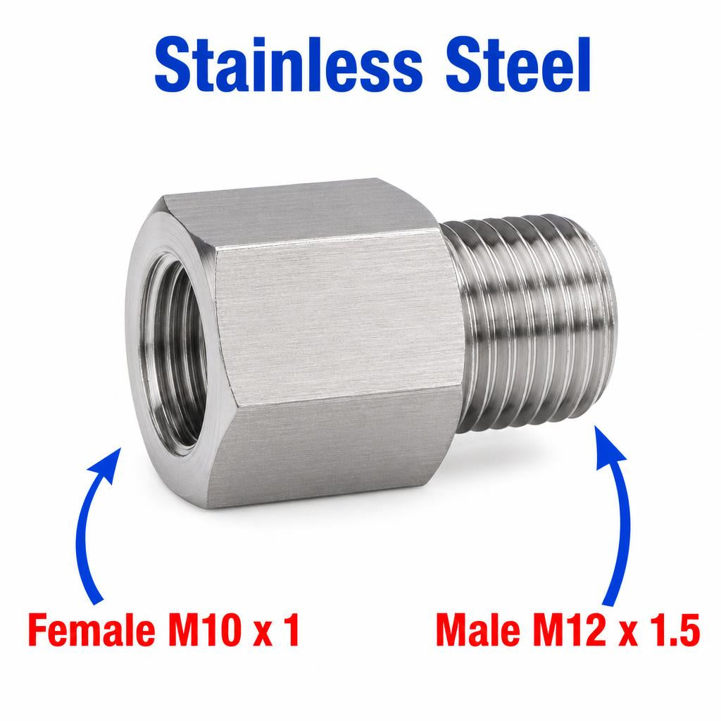 Stainless steel M10x1 female to M12x1.5 male sensor adapter fitting for motorcycle conversion by MC Motoparts.