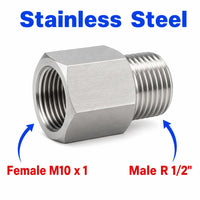 Stainless steel M10x1 Female to BSPT 1/2 inch male sensor adaptor fitting for conversion, by MC Motoparts.