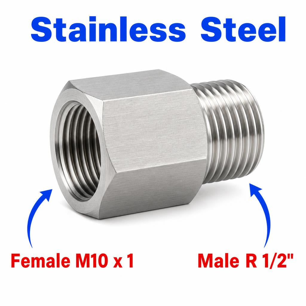 Stainless steel M10x1 Female to BSPT 1/2 inch male sensor adaptor fitting for conversion, by MC Motoparts.