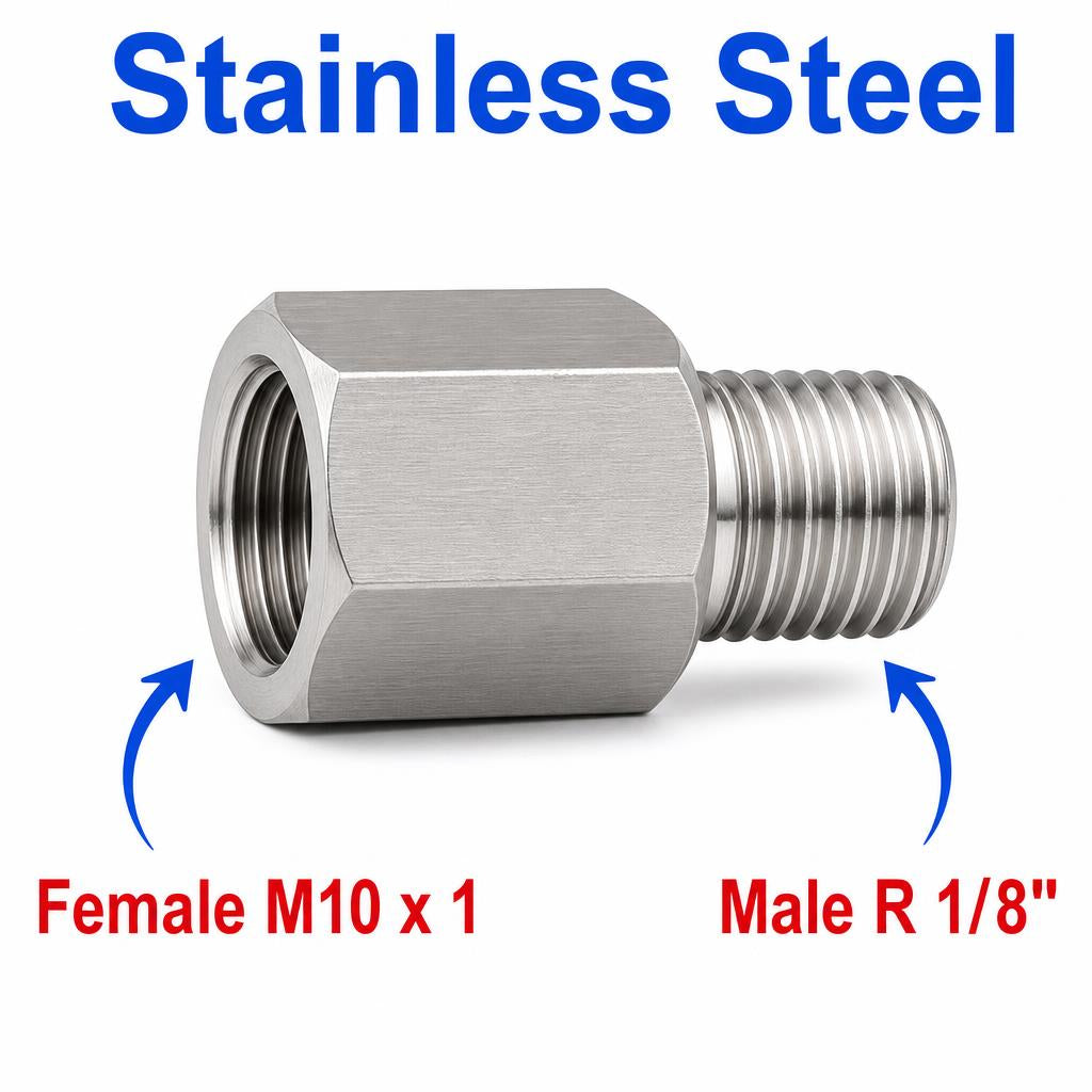 Stainless steel M10x1 female to BSPT tapered 1/8 inch male sensor adaptor fitting for conversions, by MC Motoparts.
