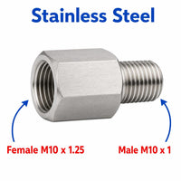 Stainless steel M10x1.25 female to M10x1 male sensor adaptor fitting for conversion, part of APS Fittings by MC Motoparts.