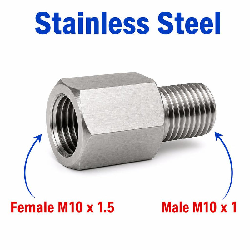 Stainless steel MC Motoparts M10x1.5 female to M10x1 male sensor adaptor fitting for conversion, shown in close-up view