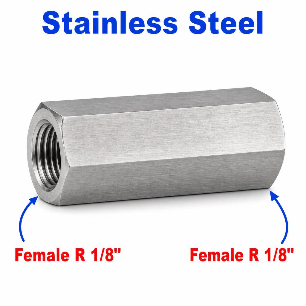 Stainless steel MC Motoparts BSPT tapered R 1/8 inch female sensor adaptor fitting for hydraulic or pneumatic conversion.