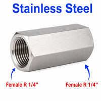 Stainless steel BSPT tapered R 1/4 inch female sensor adaptor fitting for conversion, shown from side angle.