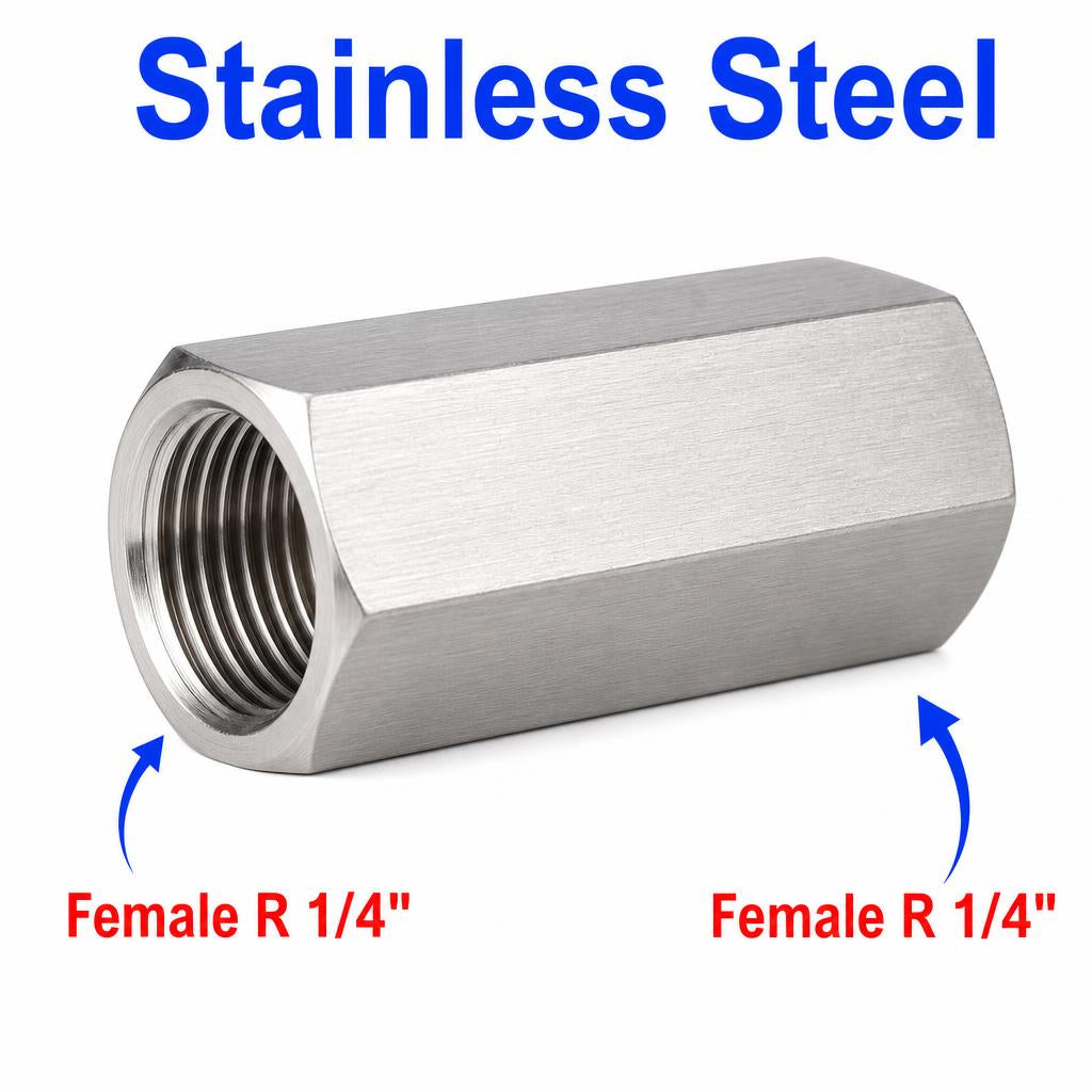 Stainless steel BSPT tapered R 1/4 inch female sensor adaptor fitting for conversion, shown from side angle.