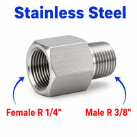 Stainless steel MC Motoparts BSPT tapered adaptor fitting with 1/4 inch female to 3/8 inch male connections for sensors.