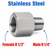Stainless steel BSPT tapered female 1/2 inch to male 1/4 inch sensor adaptor fitting from MC Motoparts, APS series conversion fitting.